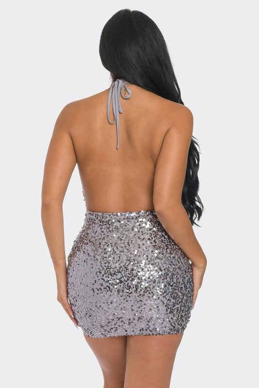 SEQUIN HALTER TOP DRESS